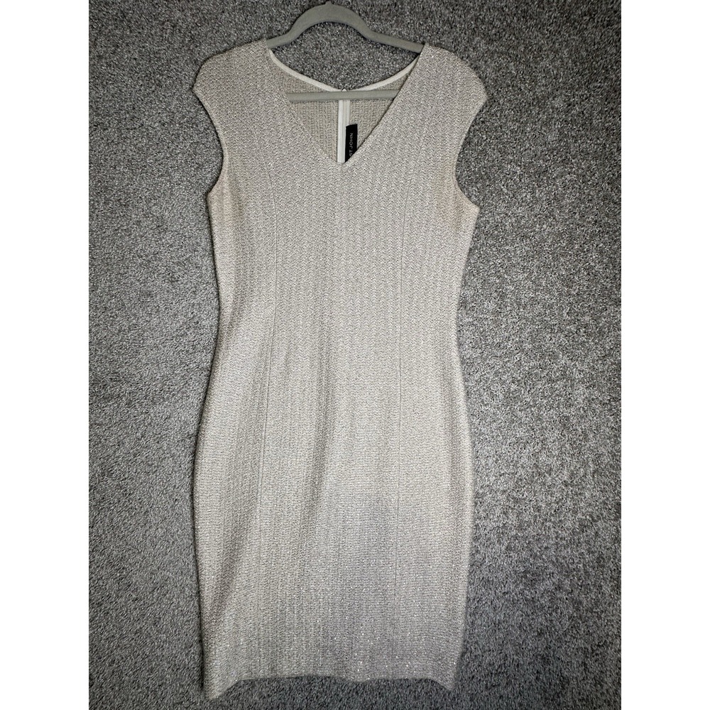 St John Shimmer Knit Sheath Dress Size 10 Beige Sleeveless Wool Blend Sparkly